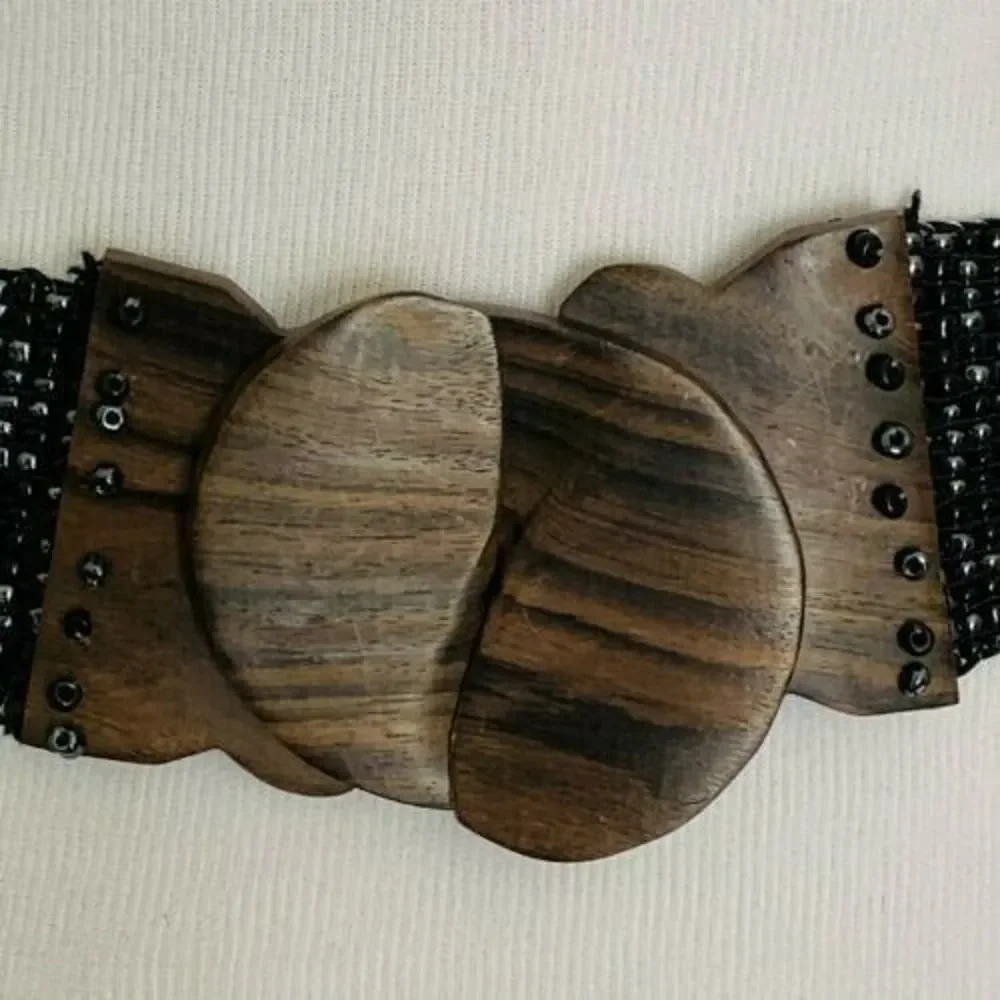 Los Angeles Boutique Beaded Stretch Belt Wood HANDMADE Black Bali Fashion Chic
